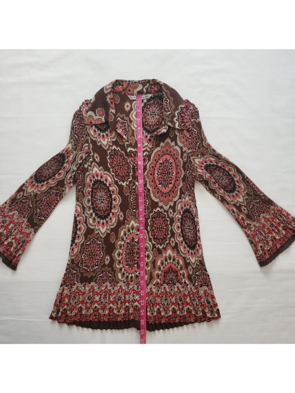 Signature By Larry Levine Crinkle Ruched 3/4 Bell Sleeve Vintage Blouse Sz Large - Picture 14 of 15